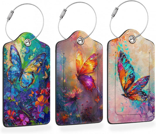 Abstract Colorful Butterfly 3 PCS PU Leather Luggage Tags for Suitcase, Luggage Tag with Privacy Flap, Name ID Label and Metal Loop for Women Men Baggage Handbag School Bag Backpack
