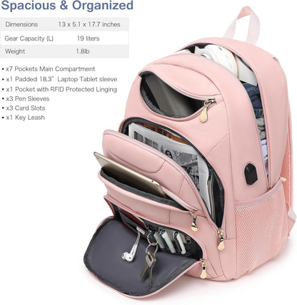 Boavan Laptop Backpack for women, 15.6 inch Laptop Bag with USB Port, Waterproof Travel Work Backpack Purse, Anti-Theft Teacher Nurse Doctor Casual Bookbags Office Business backpack，Pink