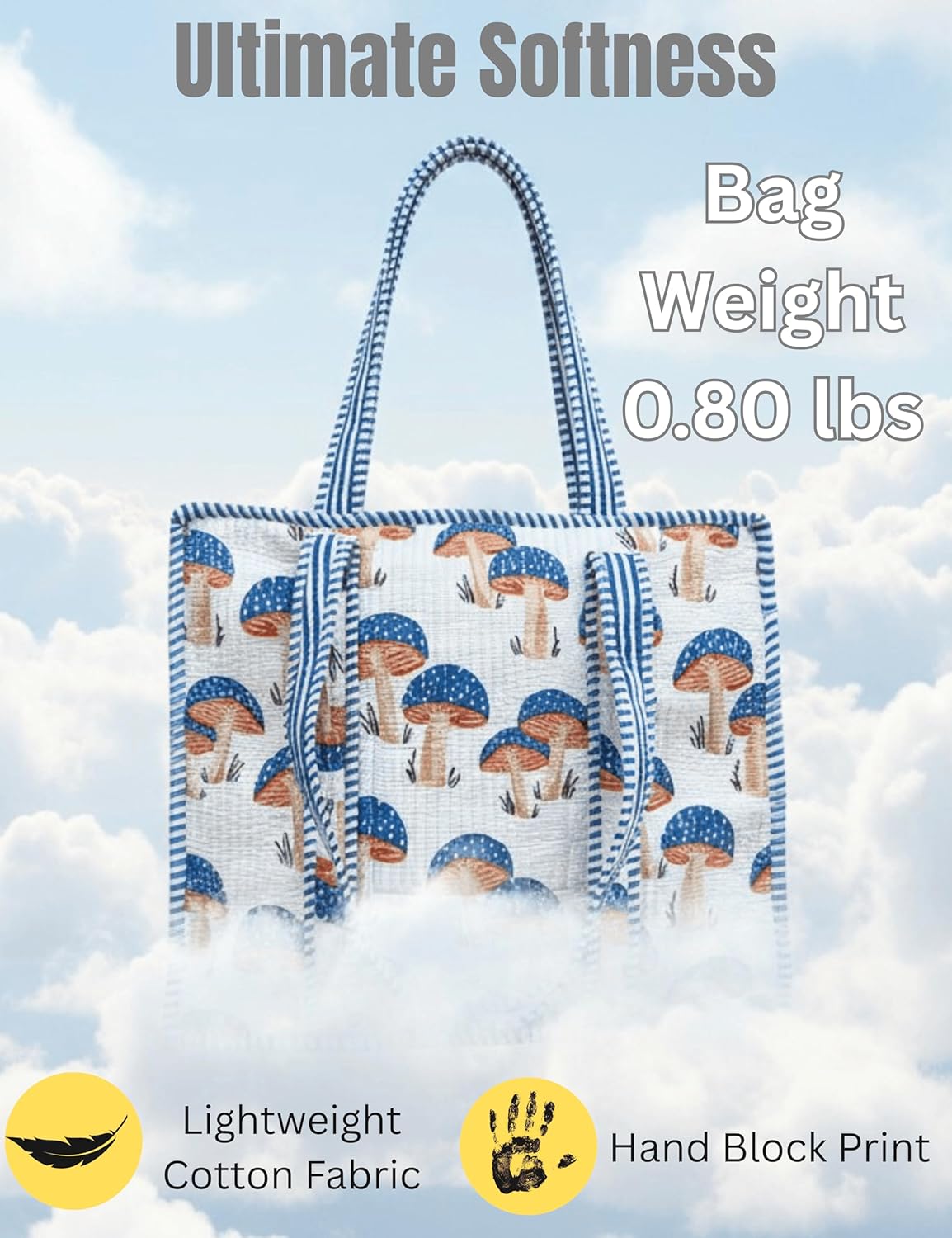 Cotton Quilted Tote Bag for Women – Large Beach & Travel Tote with Zipper, Reusable Grocery Bag