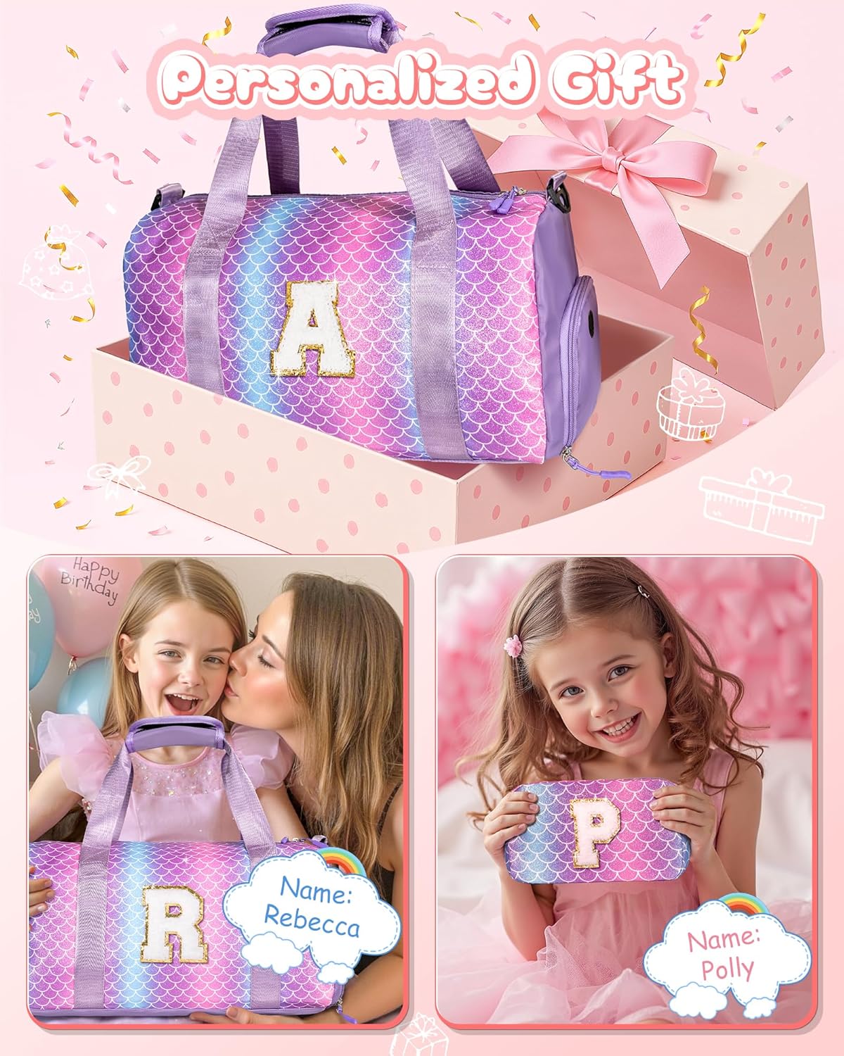 Gifts for Daughter-Girl Gym Bag with Shoe Compartment, Kid Personalized Weekender Overnight Bags, Initial Travel Tote with Makeup Pouch, Gift for Granddaughter Sister Niece (Letter H)