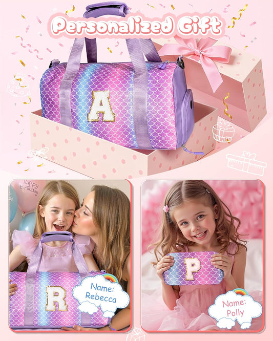 Girls Cheer Up Gifts-Girl Gym Bag with Shoe Compartment, Kid Personalized Weekender Overnight Bags, Initial Travel Tote with Makeup Pouch, Graduation Gift for Niece Kids Daughter (Letter K)
