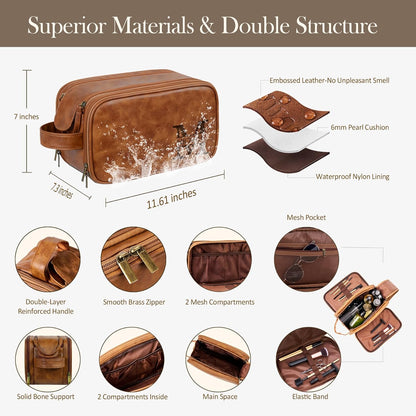 Personalized Leather Toiletry Bag for Men - Double Layer Reinforced Handle,Large Water Resistant Shaving Dopp Kit,Travel Essential,Wedding Groomsmen Gift