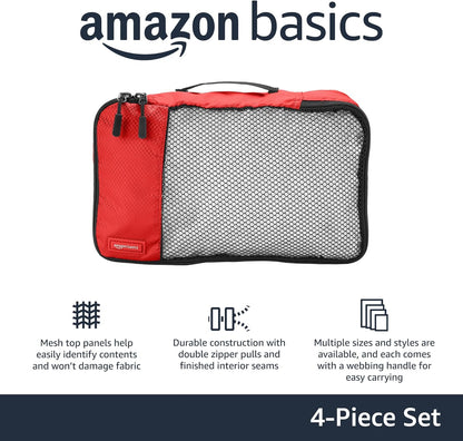 Amazon Basics Small Packing Cubes for Travel, Packing Organizers, 4-Piece-Set With Double Zipper Pulls and Mesh Top Panel, 100% Durable Polyester, Red, 11"L x 6.8"W x 3"H