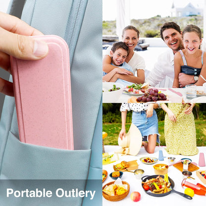Reusable Travel Utensils Set with Case, Pink Wheat Straw Portable Knife Fork Spoons Tableware, Eco-Friendly BPA Free Cutlery for Kids and Adults as Travel Picnic Camping Utensils