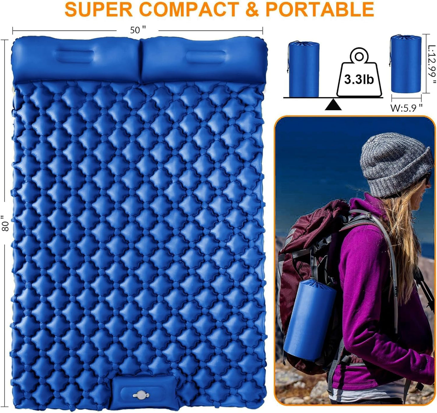 Double Sleeping Pad, Ultralight 4" Extra-Thick Self Inflating Sleeping Mat for 2 Person with Pillow Built-in Foot Pump Portable Camping Mat for Backpacking, Hiking, Traveling, Tent, Camping(Blue)