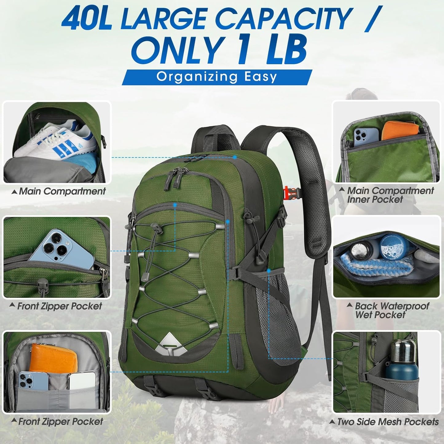 IGOLUMON Hiking Backpack 40L Packable Lightweight Camping Backpack Men Women Waterproof Hiking Daypack Outdoor Travel Daypack