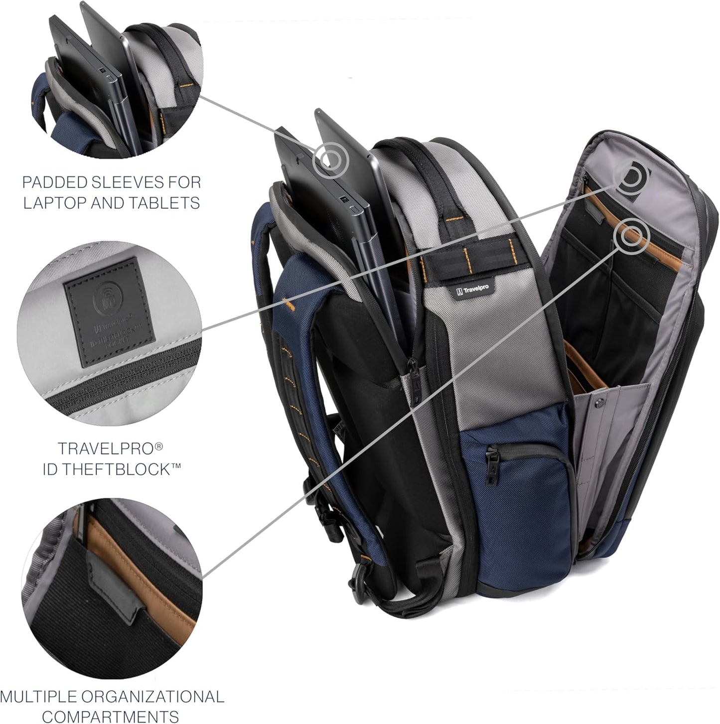 Travelpro Altitude Large Expandable Travel Laptop Backpack 30-36L, 16 Inch Laptop, Water Resistant, Work, Business, Men and Women, Stellar Navy/Grey