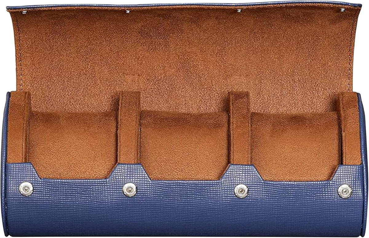 ROTHWELL Watch Roll Travel Case for 3 Watches | Tough Portable Protection, Fits All Wrist Watch & Smart Watches Up to 50mm (Blue/Tan)