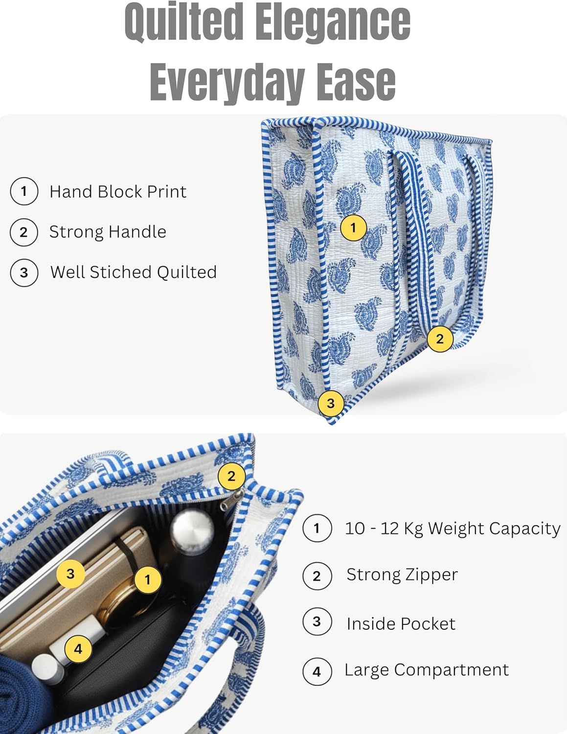 Cotton Quilted Tote Bag for Women – Large Beach & Travel Tote with Zipper, Reusable Grocery Bag