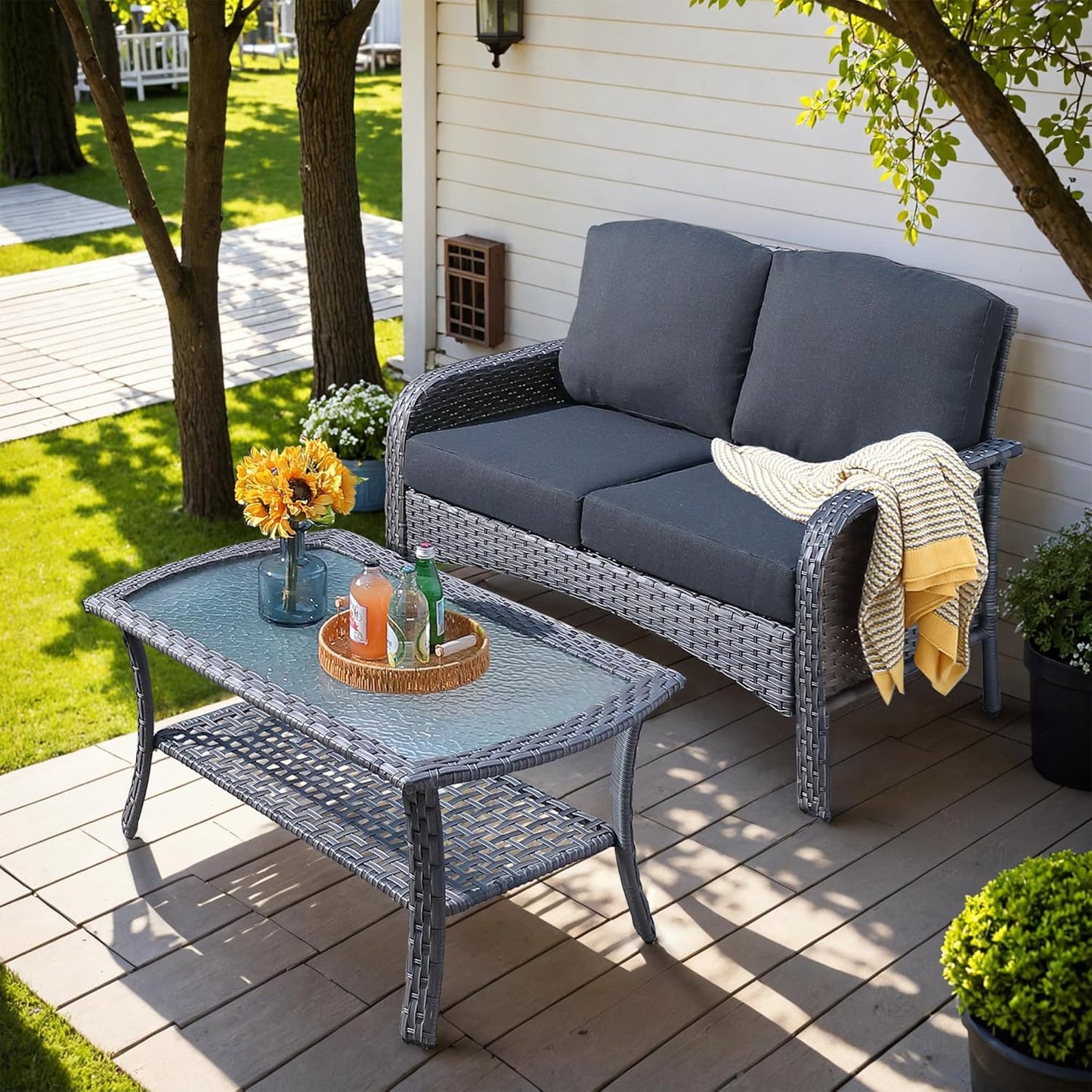 HOOOWOOO Patio Furniture Set,Outdoor High Back Loveseat Set,All Weather Wicker 2-Seater-Sofa Love Seat with Table,Black