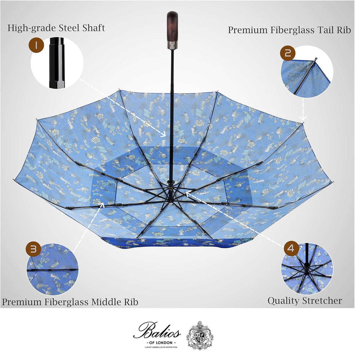 Balios Travel Folding Umbrella with Real Wood Handle Auto Open Close Vented Windproof Canopy - Designed in UK