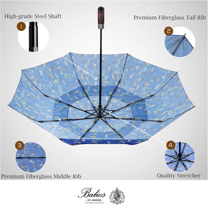 Balios Travel Folding Umbrella with Real Wood Handle Auto Open Close Vented Windproof Canopy - Designed in UK
