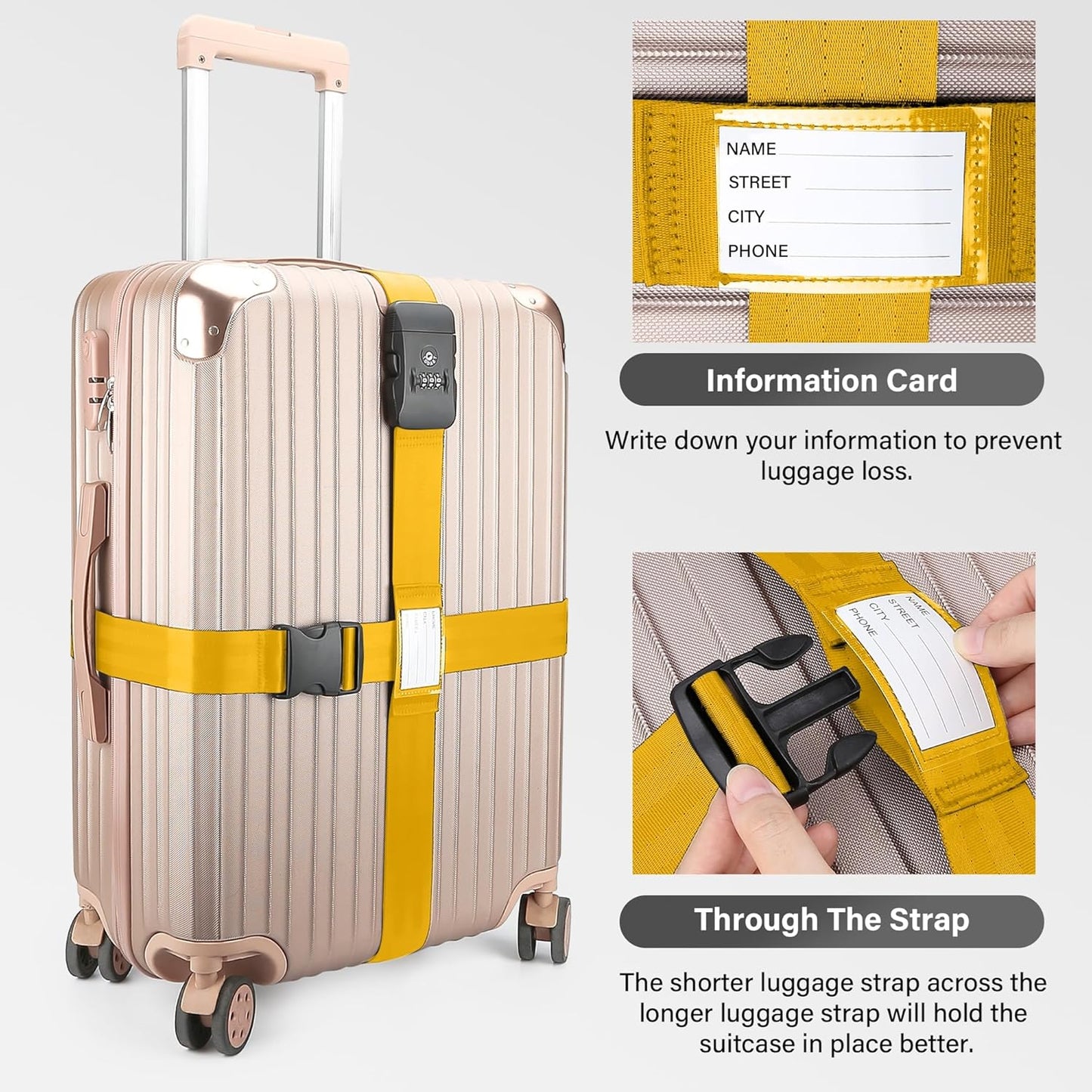 Luggage Straps, Yellow TSA Approved Luggage Strap Belt with Combination Lock for Suitcases, 2 Pack Adjustable Heavy Duty Cross Suitcase Straps with Name Tags for Travel, Carry On Bags, Protect Luggage