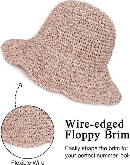 Womens Wide Brim Straw Sun Hat Foldable Floppy Crochet Beach Hat for Summer