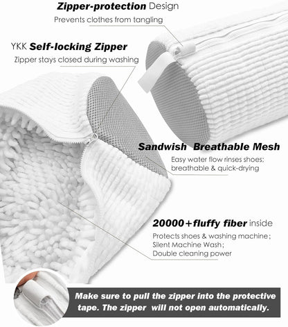 Shoe Washing Machine Bag,Laundry Shoe Bag for Washer and Dryer,Reusable Shoe Cleaning Bag for Sneakers,Tennis Shoes,With Self-locking Zipper, Microfiber Inside,Include Shoes Storage Bag (White(2PC))