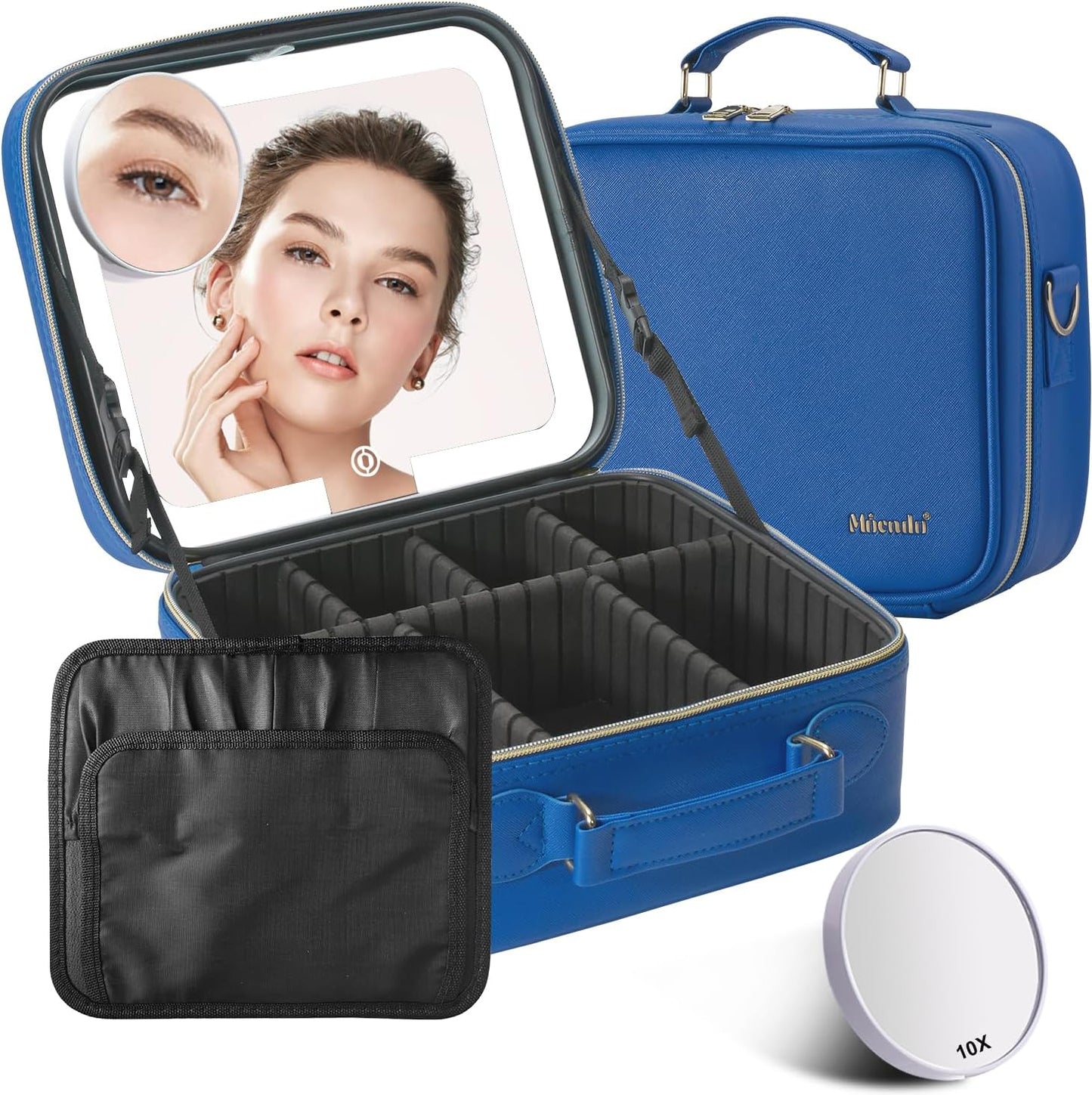Mocado Travel Makeup Bag with LED Lighted Mirror,Travel Makeup Organizer,Makeup Case with 3 Color Lighted Setting and 10x Magnifying Mirror,Portable Storage and Adjustable Dividers Makeup Box(Blue)