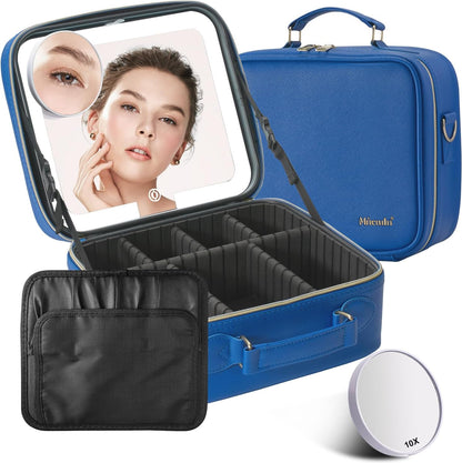 Mocado Travel Makeup Bag with LED Lighted Mirror,Travel Makeup Organizer,Makeup Case with 3 Color Lighted Setting and 10x Magnifying Mirror,Portable Storage and Adjustable Dividers Makeup Box(Blue)