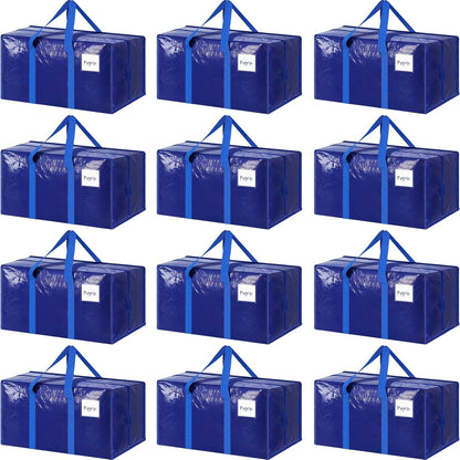 12 Pack Extra Heavy Duty Large Moving Bags with Strong Zipper & Comfortable Handles, Sturdy & Durable Clothes Storage Bags Totes Bins, Packing Moving Boxes for College Supplies, Blue