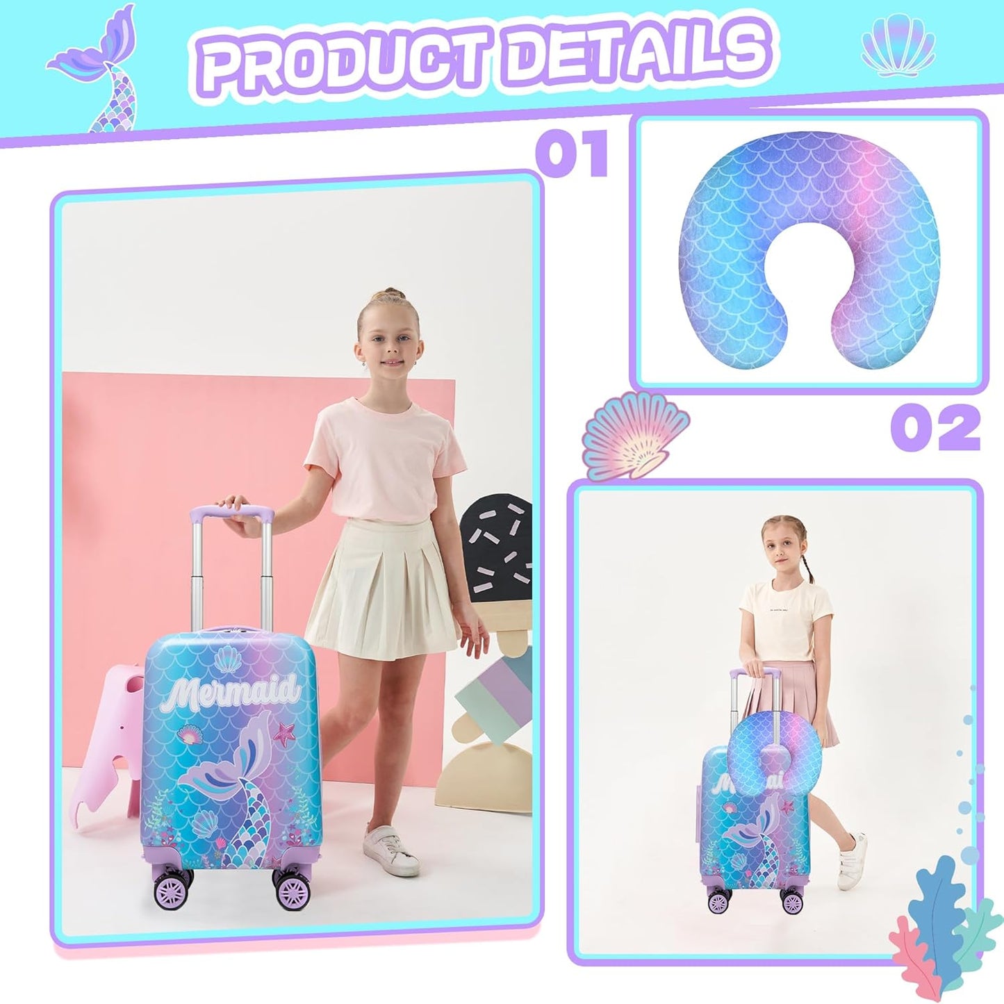 Cute Mermaid Kid’s Luggage Set 5 Piece Suitcase Set 16’’ Hardside Luggage with Spinner Wheels Girls Carry on Toddler Luggage Travel Rolling Suitcase Airline Approved