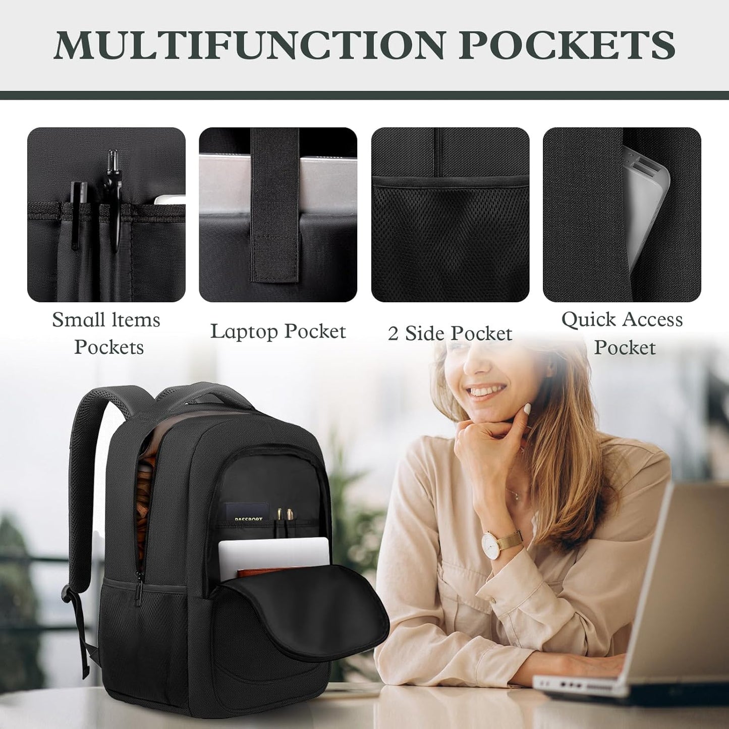 Travel Laptop Backpack, Travel Backpack For Women, Business Anti Theft Slim Sturdy Laptops Backpack, 15.6” Water Resistant College School Computer Bag Gift for Men & Women, Black