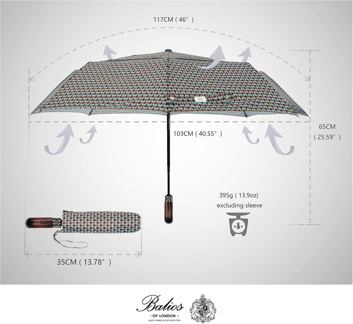 Balios Travel Folding Umbrella with Real Wood Handle Auto Open Close Vented Windproof Canopy - Designed in UK