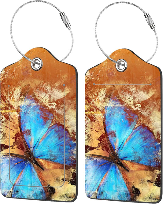 2 Pack Luggage Tags for Suitcases,Blue Butterfly Luggage Tag,PU Leather Id Label Luggage Tags with Stainless Steel Loop and Privacy Cover for Women Men Teens Travel