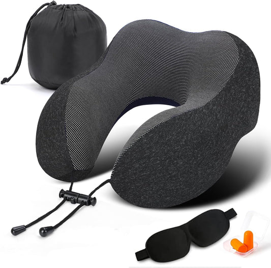 Travel Pillow, Best Memory Foam Neck Pillow Head Support Soft Pillow for Sleeping Rest, Airplane Car & Home Use (Black-E)