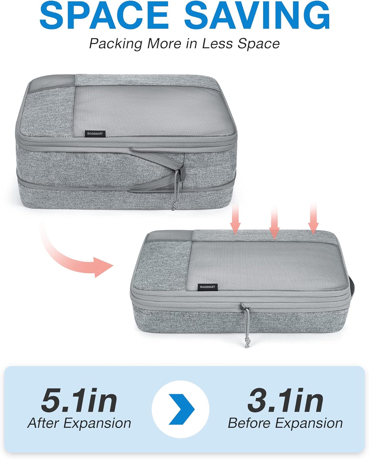 BAGSMART Compression Packing Cubes for Travel, 6 Set Travel Packing Cubes for Carry on Suitcases, Compression Travel Cubes & Suitcase Organizer for Packing with Shoe Bag Grey