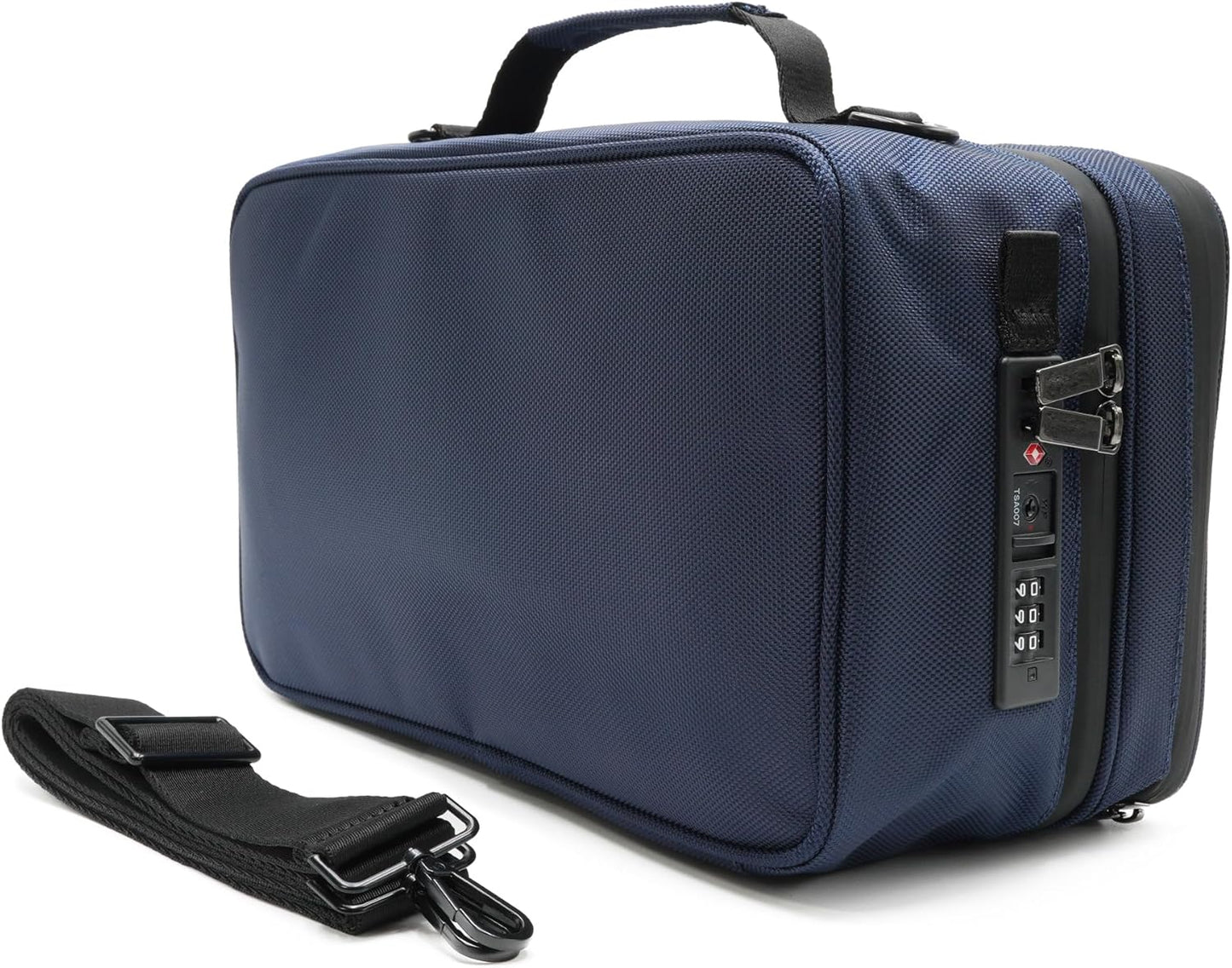 Large Storage Case with TSA Combination Lock Bag, Portable Carbon Lined, XL Medicine Lockable Box for Travel & Home Secured Box Organizer Divider Jars Accessories, Removable Tray (Blue)