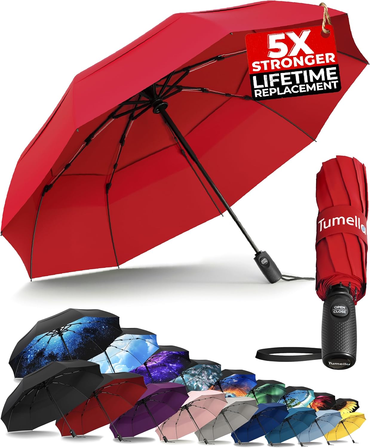 TUMELLA Strongest Windproof Travel Umbrella (Compact, Superior & Beautiful), Small Strong but Light Portable and Automatic Folding Rain Umbrella, Durable Premium Grip, Fits Car & Backpack