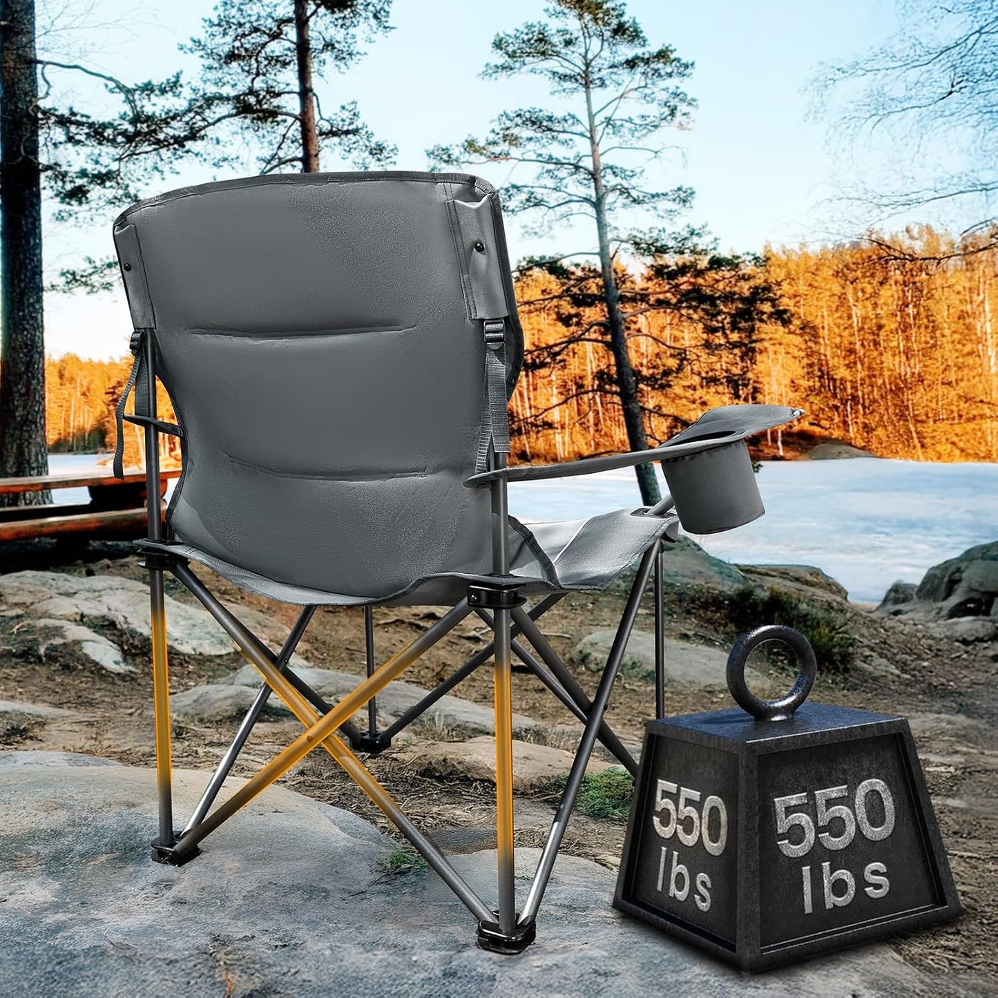 TIMBER RIDGE Oversized Folding Camping Chair for Adults, Support 550 LBS Heavy Duty with Cup Holder Side Pocket for Camping, Lawn, Picnic, Grey