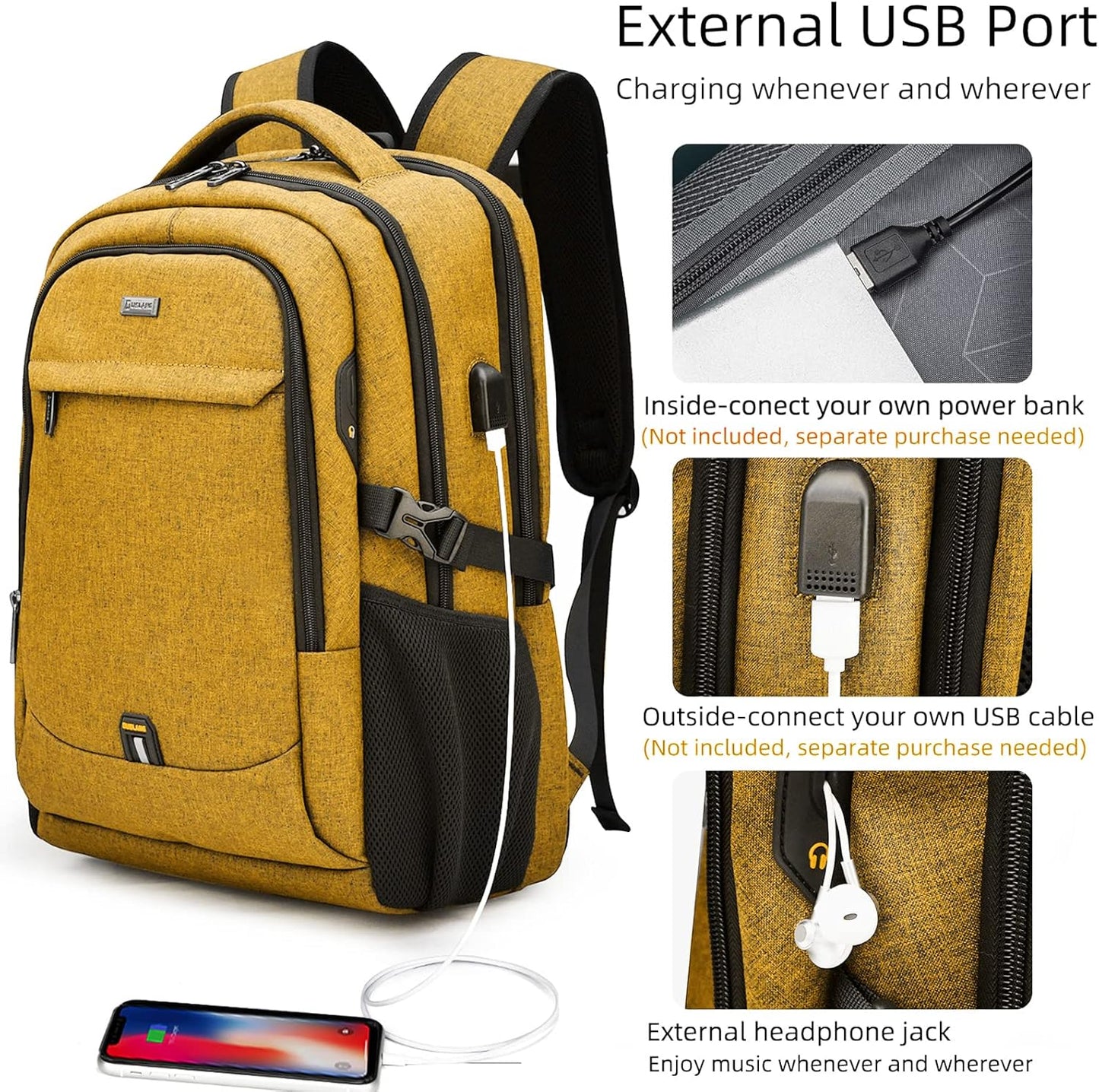 DUSLANG 17 Inch Laptop Backpack for Travel Water Resistant College Backpack for Women Laptop Bag with USB Charging Port Work Backpack,Yellow