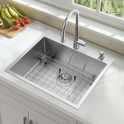 25-Inch Drop-In Kitchen Sink, SINKVINE 25" x 22" Stainless Steel Indoor and Outdoor Sink, Top Mount Large Deep Single Bowl Sink for Laundry Room, with Drain Strainer, Bottom Grid, Roll-up Drying Unit