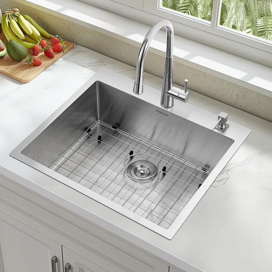 25-Inch Drop-In Kitchen Sink, SINKVINE 25" x 22" Stainless Steel Indoor and Outdoor Sink, Top Mount Large Deep Single Bowl Sink for Laundry Room, with Drain Strainer, Bottom Grid, Roll-up Drying Unit