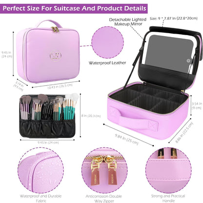 MOMIRA Travel Makeup Bag Cosmetic Bag Makeup Organizer Bag with Lighted Mirror, Adjustable Brightness in 3 Color Scenarios, Waterproof Makeup Train Case, Gift for Women - Purple