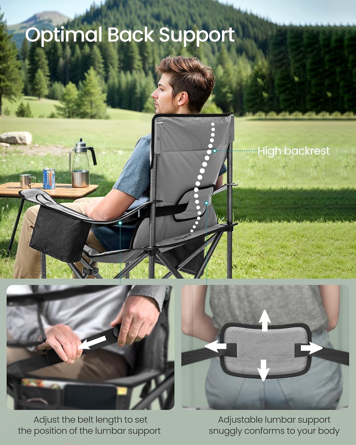 SONGMICS Oversized Lumbar Support Camping Chair, Heavy-Duty Outdoor Folding Chair Comfortable, Padded, Glamping, Cooler Bag, Weight Capacity 450 lb, Slate Gray UGCB066G01