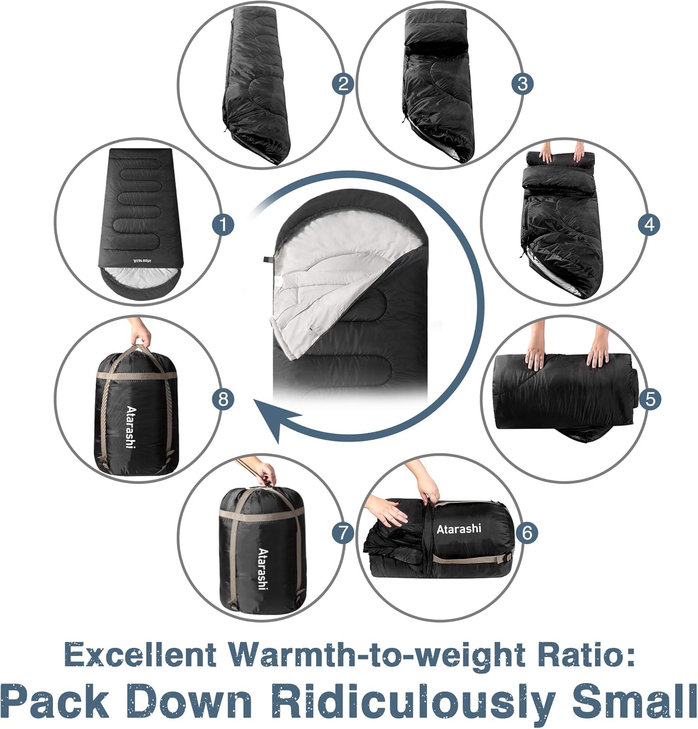 Atarashi Camping Sleeping Bag- 4 Seasons for Adults, Light, Warm, Extra-Large with Compression Sack- Great for Hiking, Backpacking & Outdoor Adventures