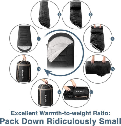 Atarashi Camping Sleeping Bag- 4 Seasons for Adults, Light, Warm, Extra-Large with Compression Sack- Great for Hiking, Backpacking & Outdoor Adventures