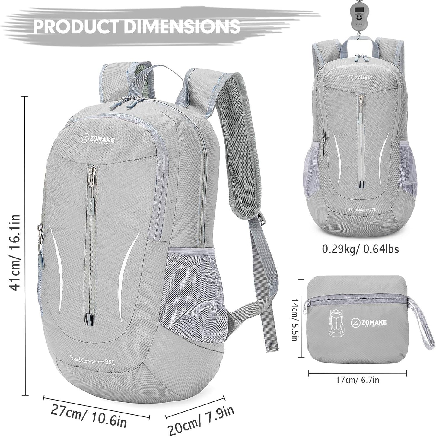 ZOMAKE Ultra Lightweight Packable Backpack 25L, Foldable Hiking Backpacks Water Resistant Small Folding Daypack for Travel(Sliver Grey)