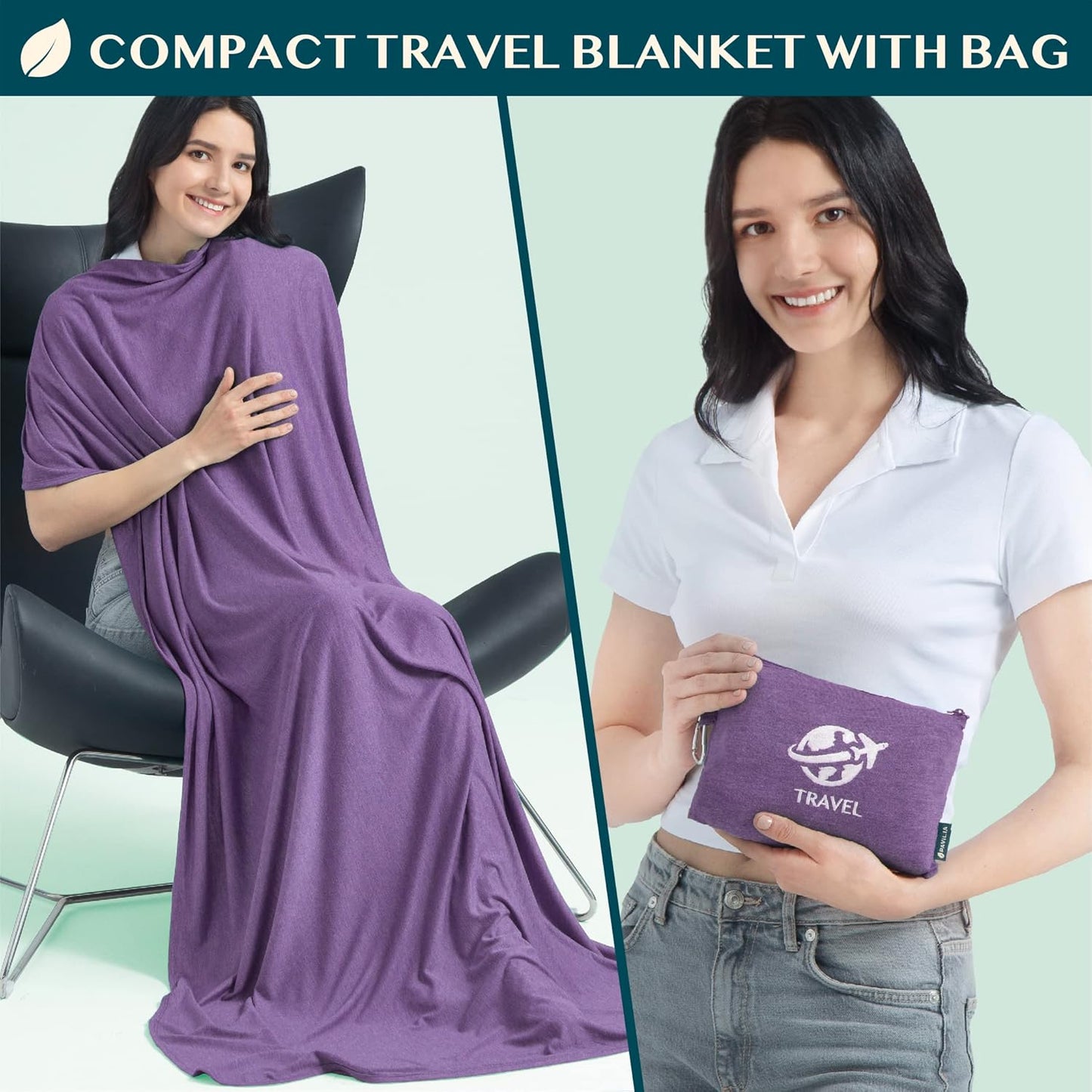 PAVILIA Travel Blanket Compact, Airplane Packable Bag, Soft Fleece Portable Throw Pillow Combo Set, Plane Flight Car Trips Essentials Gift Accessories, Luggage Backpack Clip, Purple, 65 x 40 Inch