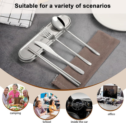 Travel Cutlery Set - 18/8 Stainless Steel Reusable Utensils with Metal Case, Portable Silverware for Camping, Office, Travel & Outdoor Dining