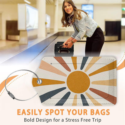 Boho Color Sunburst PU Leather Luggage Tags for Suitcase, Abstract Desert Travel Cruise 3 Pack with Privacy Flap, Name ID Label and Metal Loop for Women Men Girls Baggage Bag Backpack