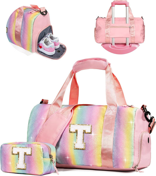 Easter Gifts for Teens Girls-Girl Gym Bag with Shoe Compartment, Kid Personalized Weekender Overnight Bags, Initial Travel Tote with Makeup Pouch, Gift for 3 4 5 6 7 Year Old Kids (Letter T)