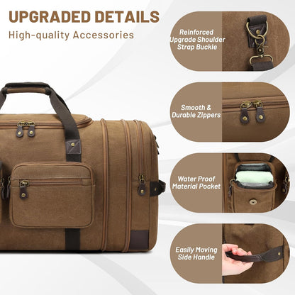 Travel Duffle Bag for Men, Heavy Duty Canvas Duffle Bag, Carryon Bags for Airplanes, Expandable Vintage Leather Overnight Luggage Weekender Bag, Waterproof Anti-tear Canvas Bag
