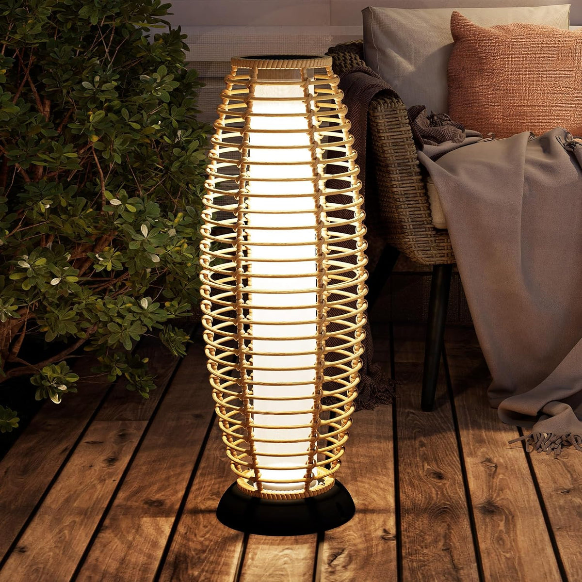 Grand patio Floor Lamp Outdoor Lamp Patio Lights Solar Powered Lantern Weather-Resistant Wicker Deck Lights, Lamp Large-Sized for Garden (Austin Natural Brown)