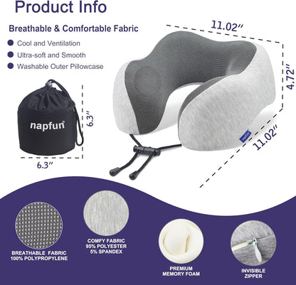 napfun Neck Pillow for Traveling, Upgraded Travel Neck Pillow for Airplane 100% Pure Memory Foam Travel Pillow for Flight Headrest Sleep, Portable Plane Accessories, Light Grey