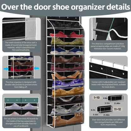 12 Pocket Over the Door Shoe Organizer,Reusable Breathable Large Mesh Bag Men's & Women's Sneaker Organizer,Shoe Organizer for Kids,Hanging Shoe Storage Hanging Bag (Black)