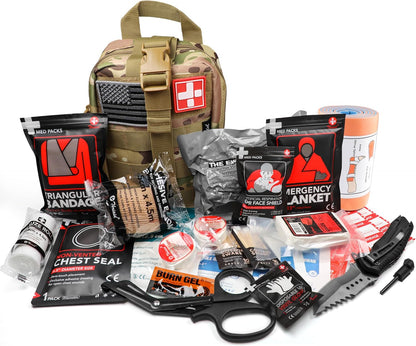 Survival First Aid Kit with Israeli Bandage, Splint, Chest Seal, Tactical Military Combat Molle IFAK for Wound Care, Bleeding Control, Trauma Hemorrhage and More