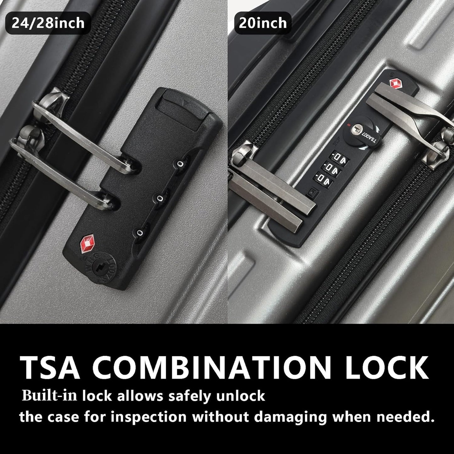 TydeCkare 2pcs 20/28" Luggage Set Lightweight HardShell, Only 20 Inch Carry On 21.65 * 15.35 * 7.87" Cabin Suitcase with Front Pocket, 28 Inch 19.68 * 11.81 * 29.92" Checked Luggage, Gray