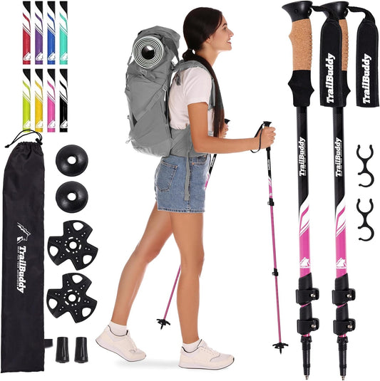 TrailBuddy Trekking Poles - Lightweight, Collapsible Hiking Poles for Snowshoe & Backpacking Gear - Pair of 2 Walking Sticks for Hiking, 7075 Aluminum with Cork Grip